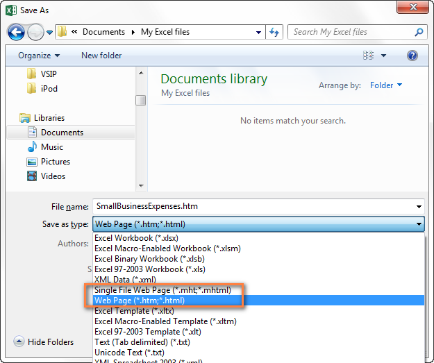 guardar el archivo de Excel en formato HTML